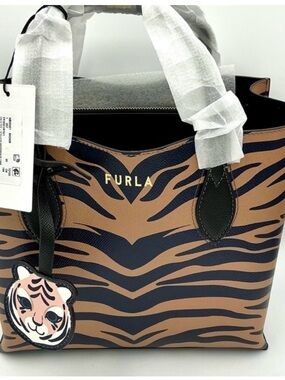 Furla Net Mini Tote Brown & Navy Tiger- Print Leather w/ Orig Tiger Charm NWT